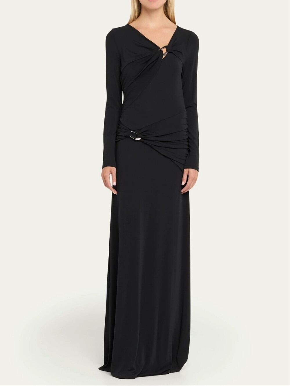 Veronica Beard Viela Black Long-Sleeve Jersey Twisted-Ring Maxi Gown Size S